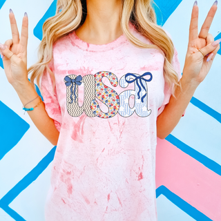 USA Bow shirt, tie dye patriotic tee, cute 4th of July shirt for women, red white and blue bow tee, girly patriotic outfit, trendy USA shirt, summer graphic tee