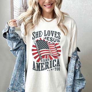 She loves Jesus shirt, patriotic Christian t-shirt, 4th of July faith tee, Christian USA shirt, American flag graphic tee for women, red white and blue Jesus shirt, vintage style patriotic shirt
