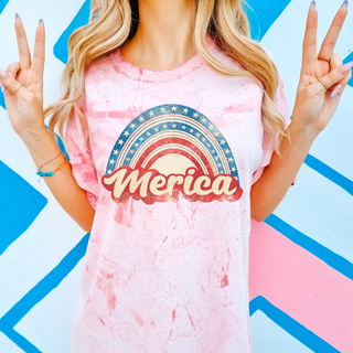 Rainbow Merica shirt, retro USA tee, patriotic graphic tee for women, July 4th outfit, cute red white and blue shirt, colorful America tee, trendy patriotic shirt