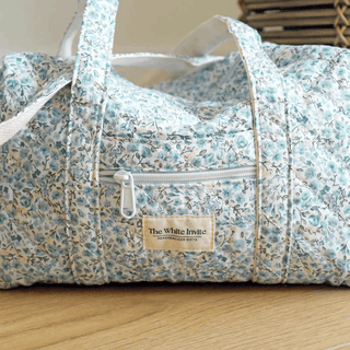 Embroidered Quilted Dusty Blue Blossoms Tote Bag