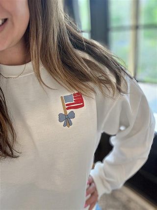 Embroidered Mini Flag & Bow Patriotic 4th of July Sweatshirt