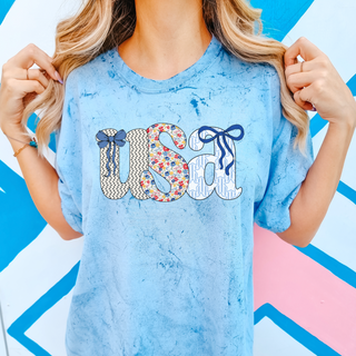 USA Bow shirt, tie dye patriotic tee, cute 4th of July shirt for women, red white and blue bow tee, girly patriotic outfit, trendy USA shirt, summer graphic tee