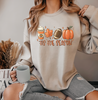 Tis The Season Latte Autumn Leaf Pumpkin Fall Graphic Crew Sweatshirt