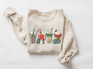 Beige sweatshirt with festive coffee cup and candy cane design on a white background