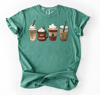 Green t-shirt with coffee cup graphic on a white background