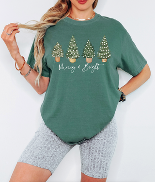 Merry and Bright Trees on a green shirt