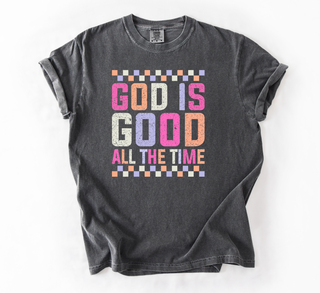 God Is Good All the Time Retro Checkered Christian Comfort Colors Tee