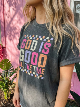 God Is Good All the Time Retro Checkered Christian Comfort Colors Tee
