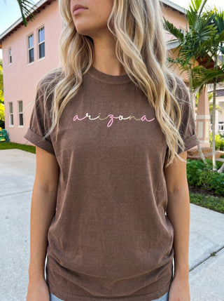 Custom State Name Script Embroidered Comfort Colors Tee
