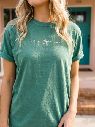 Custom State Name Script Embroidered Comfort Colors Tee