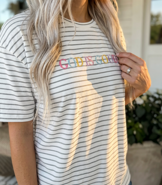 Rainbow God Is Good Embroidered LAT Striped Tee