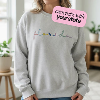 Custom Embroidered State Sweater Rainbow Team Name Sweatshirt
