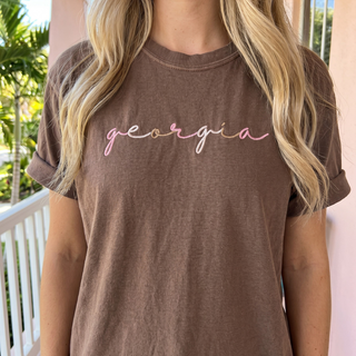 Custom State Name Script Embroidered Comfort Colors Tee