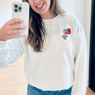 Embroidered Mini Flag & Bow Patriotic 4th of July Sweatshirt