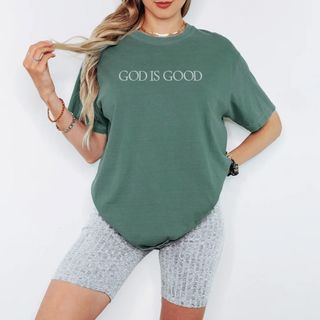 Embroidered God Is Good Minimal Christian Comfort Colors Tee