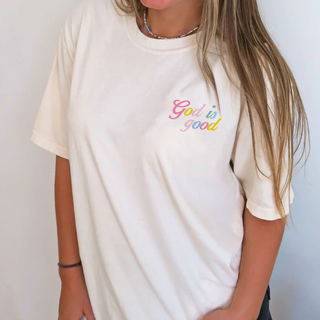 Rainbow God Is Good Embroidered Christian Comfort Colors Tee