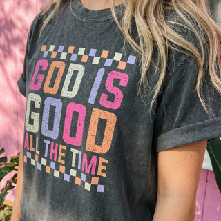 God Is Good All the Time Retro Checkered Christian Comfort Colors Tee