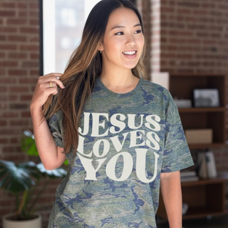 Jesus Loves You Christian Camo T-Shirt for Women