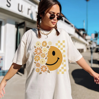 Smiley Floral Comfort Colors Fall Graphic Tee